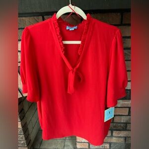 CeCe Red Tie-Neck Ruffle Sleeve Blouse